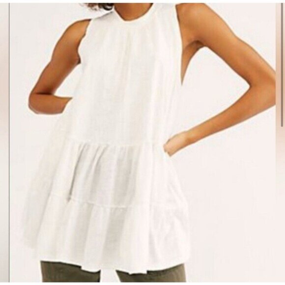 Free People Top Right on Time Tunic Sleeveless Tank Tiered Size Large Boho White - Picture 1 of 7